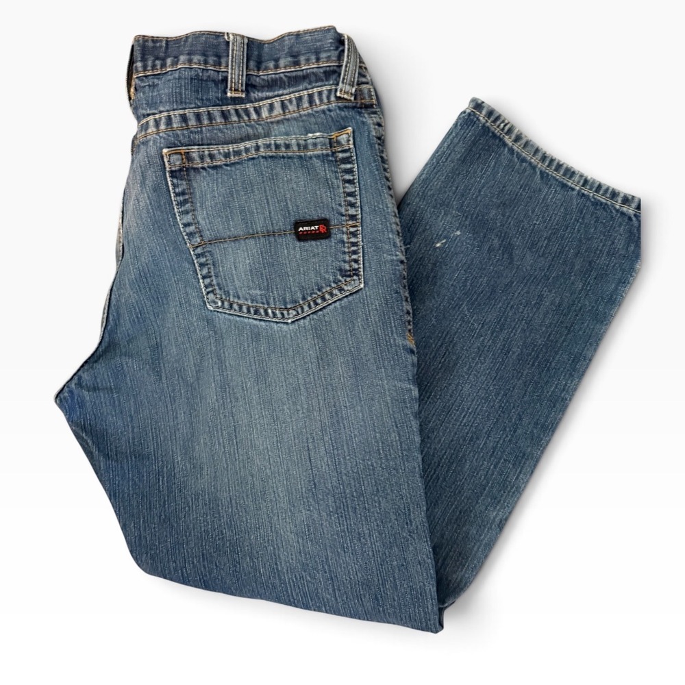 Ariat M4 Relaxed Boot Work Pants Mens 32x32 Blue FR Distressed Denim 10012555